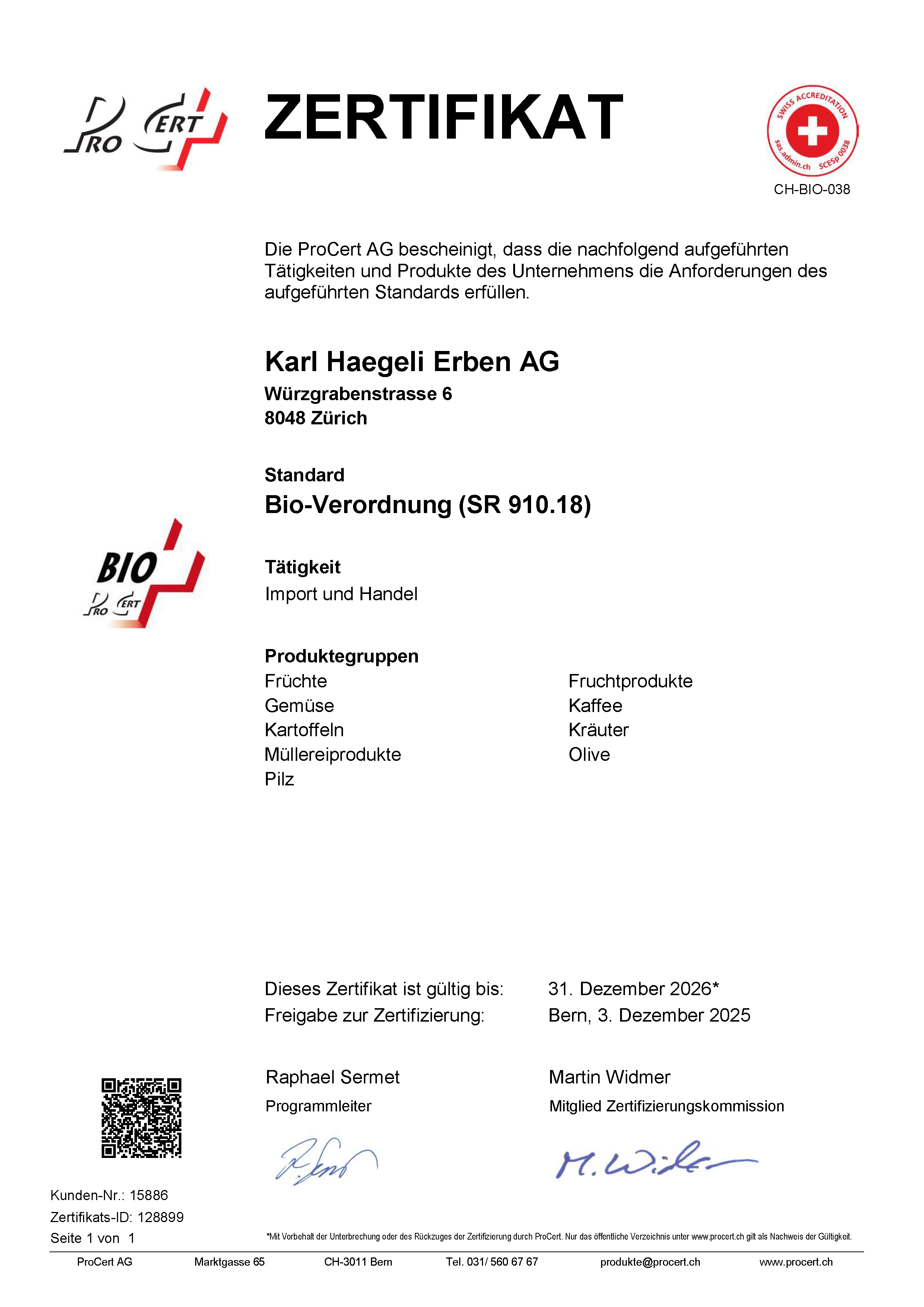 Pro Cert - Bio-Verdordnung Zertifikat