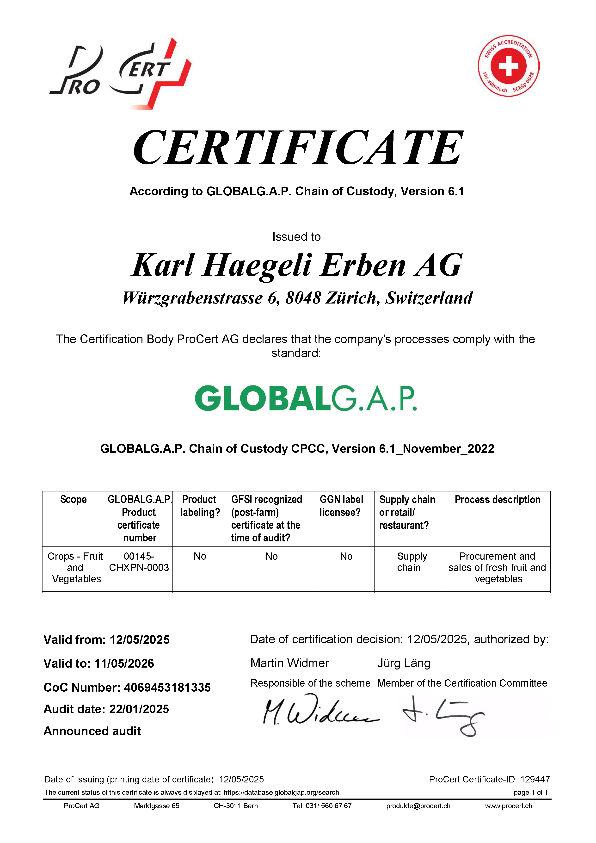 Pro Cert - Global G.A.P.-Zerifikat