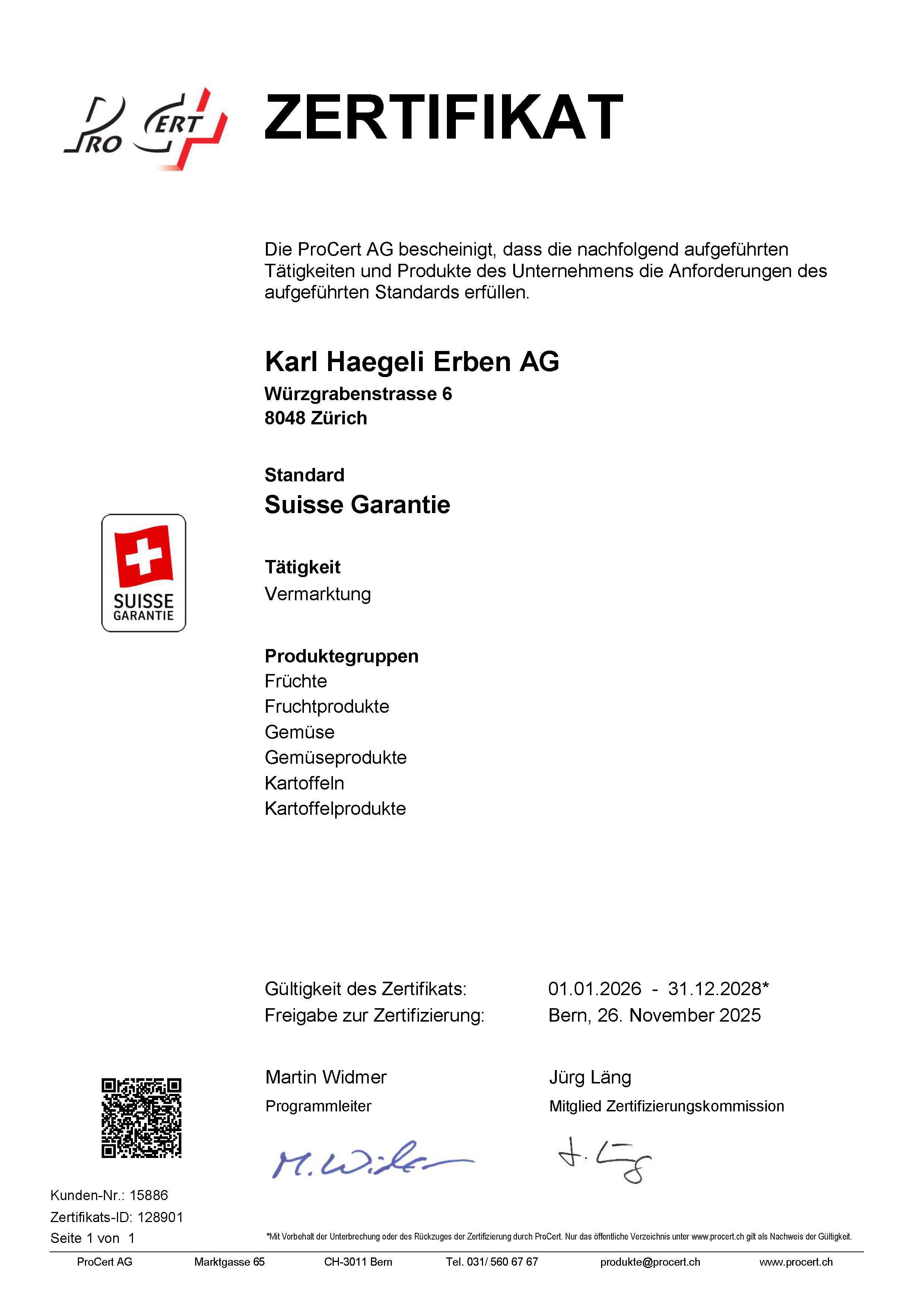 Pro Cert - Suisse Garantie-Zerifikat